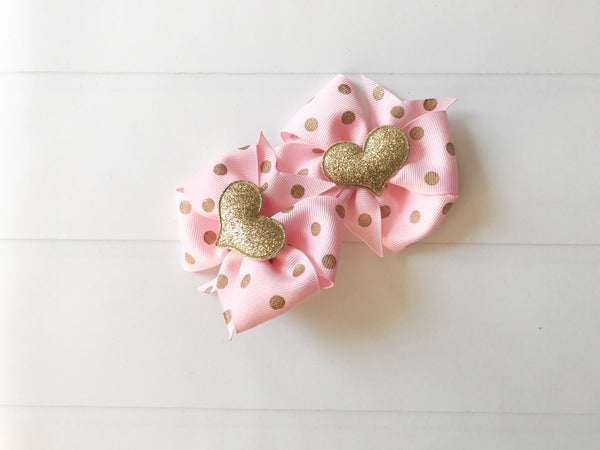 Pink and Gold Polka Dots Mini Pinwheel Hair Bow Set I The Enchanted Magnolia