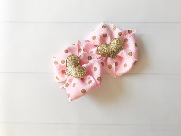 Pink and Gold Polka Dots Mini Pinwheel Hair Bow Set I The Enchanted Magnolia