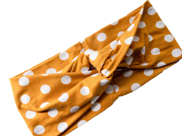 Mustard White Polka Dots Twisted Turban Headband