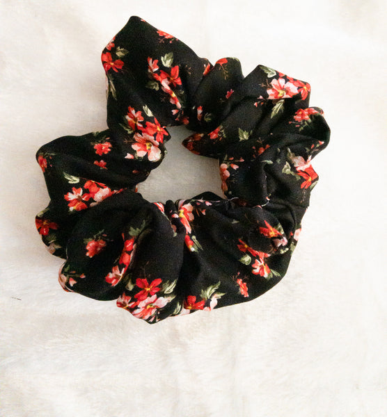 Red Floral Printed Black Scrunchie I The Enchanted Magnolia