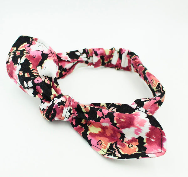 Girls Pink Flowers on Black Top Knot Headband I The Enchanted Magnolia