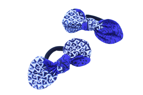 Ankara Blue, White and Black Top Knot Ponytail Hair Bows I The Enchanted Magnolia