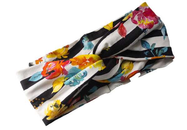 Bright Floral Blooms on Black and White Stripe Twisted Turban Headband I The Enchanted Magnolia