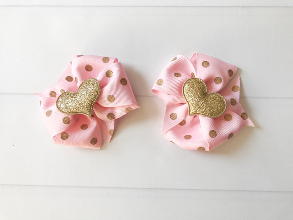 Pink and Gold Polka Dots Mini Pinwheel Hair Bow Set I The Enchanted Magnolia