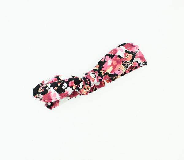 Girls Pink Flowers on Black Top Knot Headband I The Enchanted Magnolia