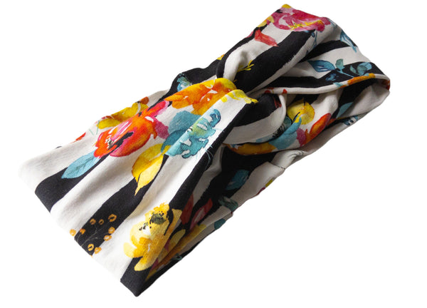 Bright Floral Blooms on Black and White Stripe Twisted Turban Headband I The Enchanted Magnolia