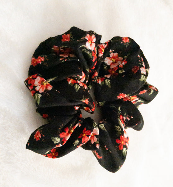 Red Floral Printed Black Scrunchie I The Enchanted Magnolia