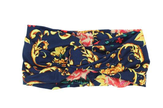 Red and Pink Floral Gold Scroll Print on Navy Twisted Turban Headband I The Enchanted Magnolia