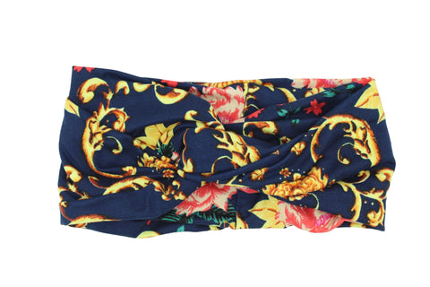 Red and Pink Floral Gold Scroll Print on Navy Twisted Turban Headband I The Enchanted Magnolia