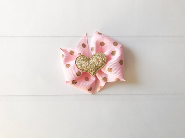 Pink and Gold Polka Dots Mini Pinwheel Hair Bow I The Enchanted Magnolia
