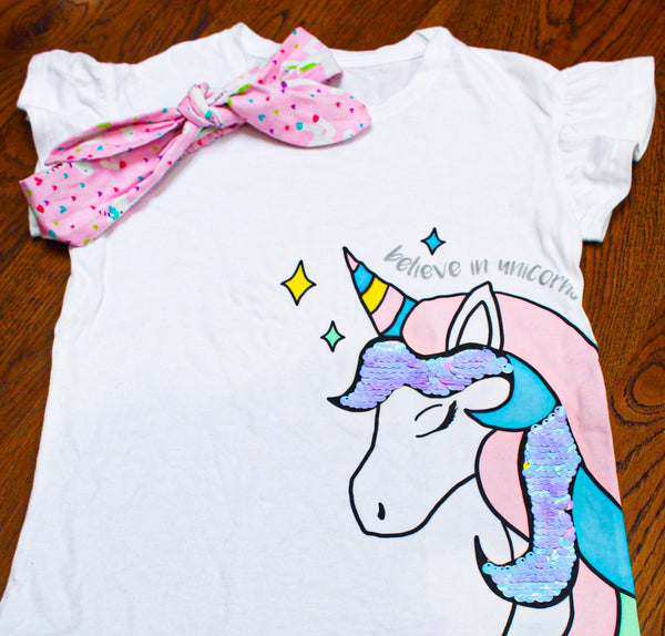 Girls Unicorn and Hearts Top Knot Headband w/ Unicorn Tee