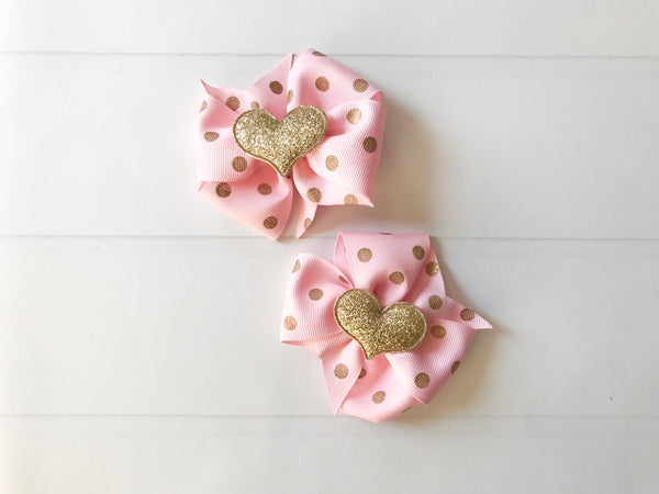 Pink and Gold Polka Dots Mini Pinwheel Hair Bow Set I The Enchanted Magnolia