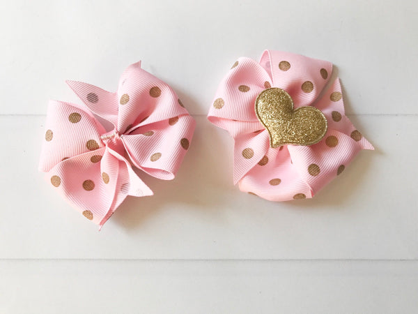 Pink and Gold Polka Dots Mini Pinwheel Hair Bow Set I The Enchanted Magnolia