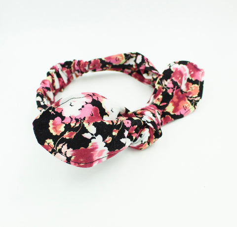 Pink Flowers on Black Top Knot Headband - The Enchanted Magnolia