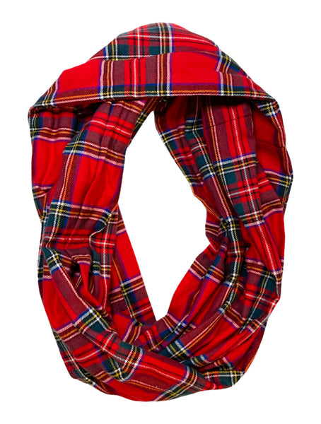 Barbados Cherry, Blue and Sea Moss Tartan Plaid Flannel Zippered Pocket Infinity Scarf I The Enchanted Magnolia