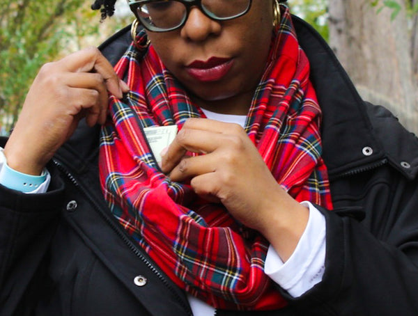 Barbados Cherry, Blue and Sea Moss Tartan Plaid Flannel Zippered Pocket Infinity Scarf I The Enchanted Magnolia