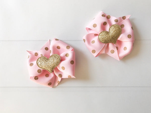 Pink and Gold Polka Dots Mini Pinwheel Hair Bow Set I The Enchanted Magnolia