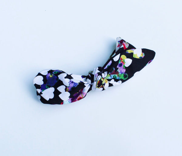Watercolor White Heart Print On Black Top Knot Headband I The Enchanted Magnolia