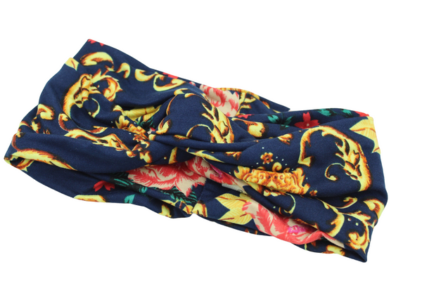 Red and Pink Floral Gold Scroll Print on Navy Twisted Turban Headband I The Enchanted Magnolia