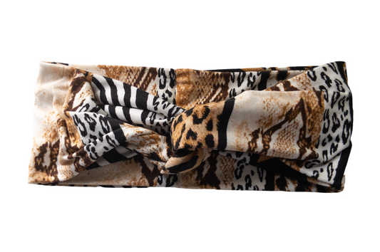 "Multi animal print headband with black, white, and blends of browns."