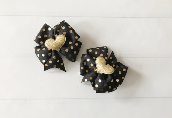 Black and Gold Polka Dots Mini Pinwheel Hair Bow Set I The Enchanted Magnolia