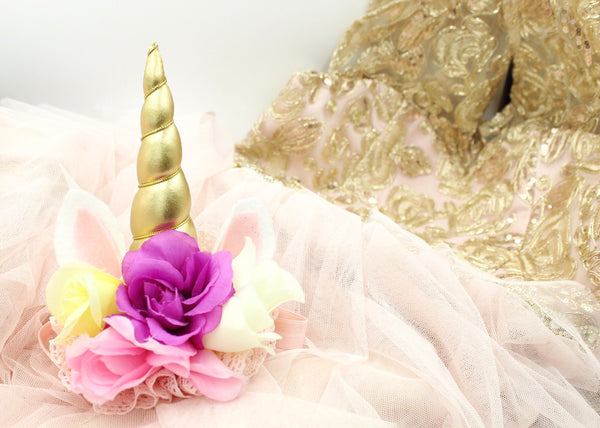 Girls Unicorn Flower Headband Pink / Gold / Off-White / Purple / Yellow I The Enchanted Magnolia