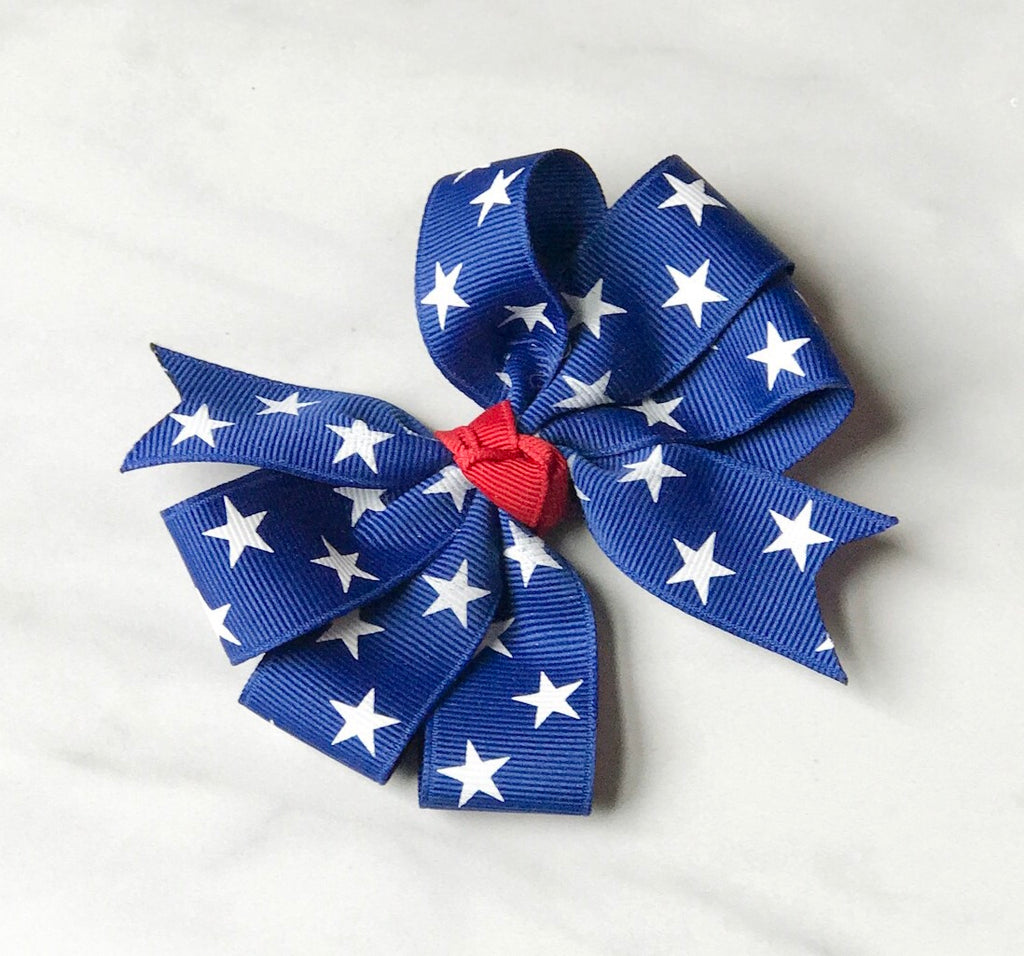 Girls Patriotic Royal Blue Triple Loop Hair Bow - The Enchanted Magnolia