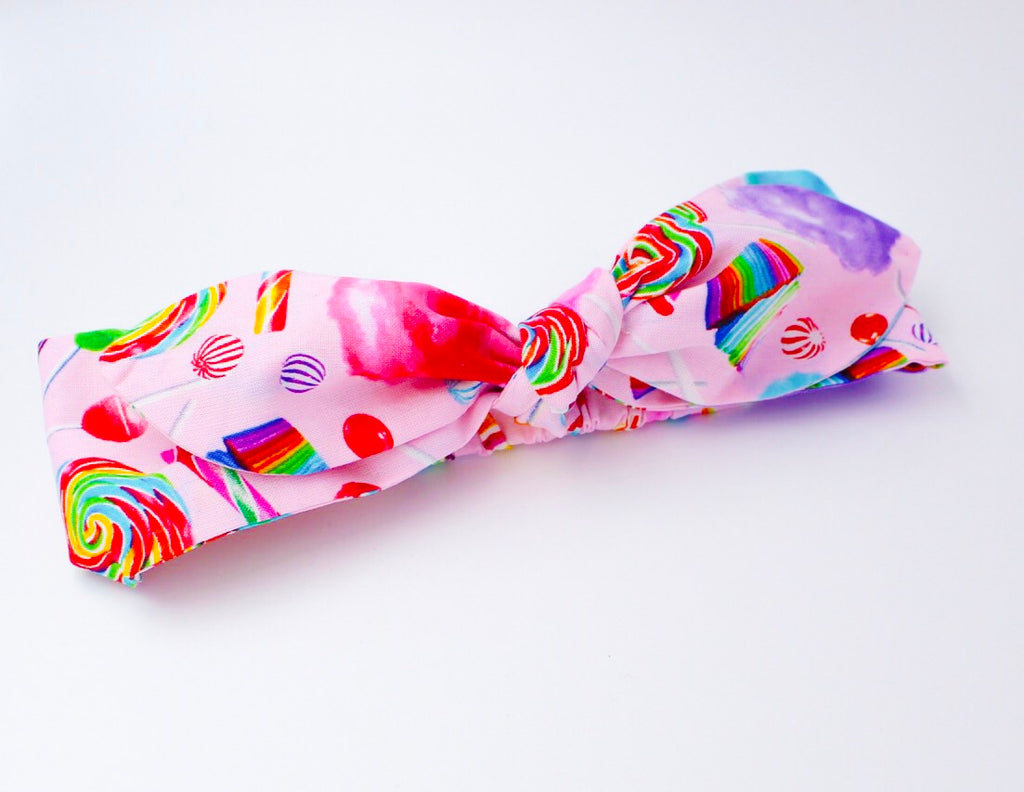 Rainbow Candy on Pink Top Knot Headband - The Enchanted Magnolia