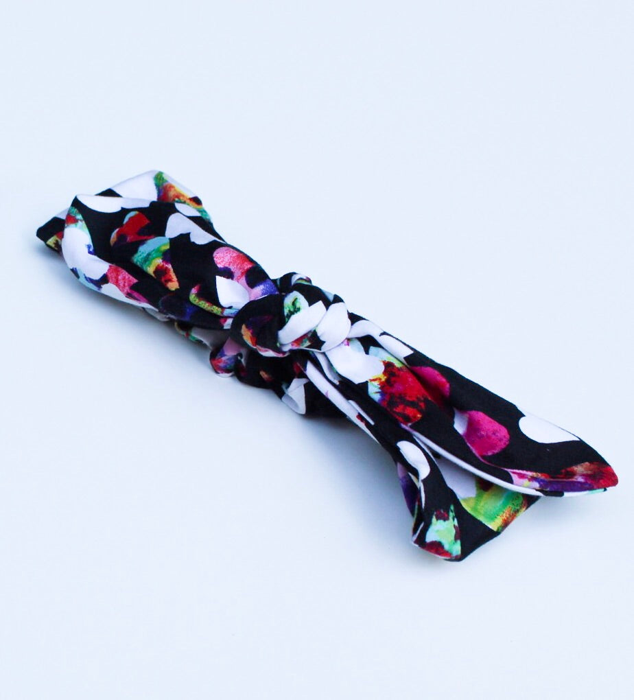Watercolor White Heart Print On Black Top Knot Headband I The Enchanted Magnolia