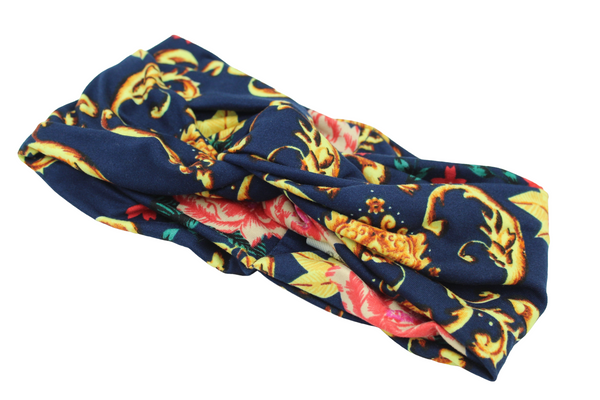 Red and Pink Floral Gold Scroll Print on Navy Twisted Turban Headband I The Enchanted Magnolia