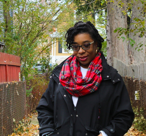 Barbados Cherry, Blue and Sea Moss Tartan Plaid Flannel Zippered Pocket Infinity Scarf I The Enchanted Magnolia