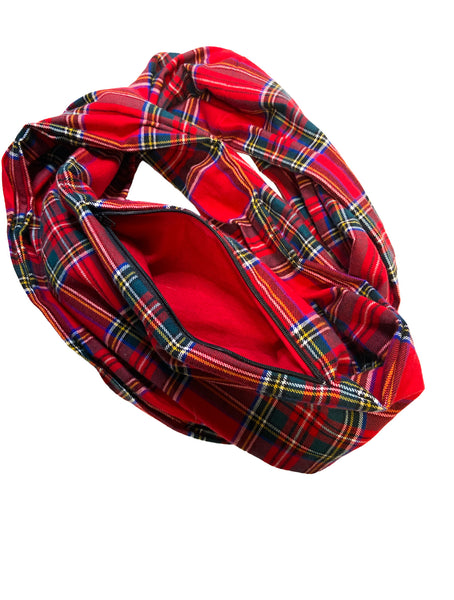Barbados Cherry, Blue and Sea Moss Tartan Plaid Flannel Zippered Pocket Infinity Scarf I The Enchanted Magnolia