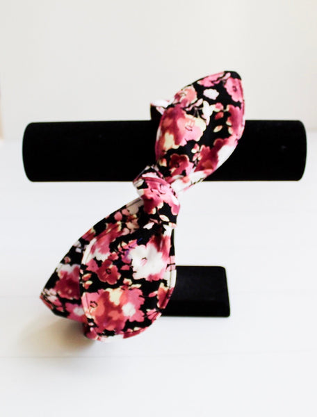 Girls Pink Flowers on Black Top Knot Headband I The Enchanted Magnolia