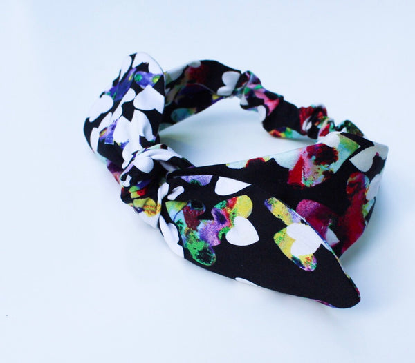Watercolor White Heart Print On Black Top Knot Headband I The Enchanted Magnolia
